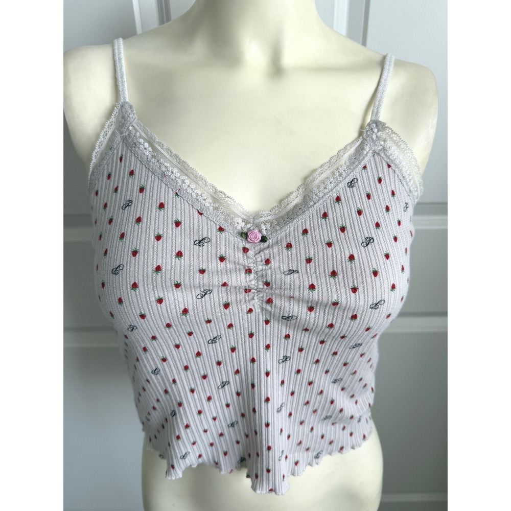 Victoria's Secret PINK Strawberry Lace Trim Pointelle Cami Top Gray Small